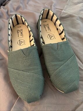 Toms Canvas Slip-Ons in Green with Striped Lining